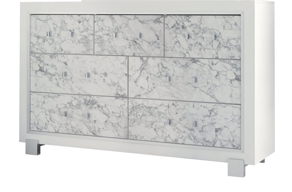 English Elm SKYE Marble White Dresser with Marble-Style Drawer Fronts, Solid Wood Frame, Spacious Knob Drawers B201P226274