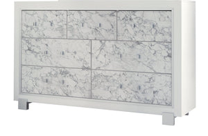 English Elm SKYE Marble White Dresser with Marble-Style Drawer Fronts, Solid Wood Frame, Spacious Knob Drawers B201P226274