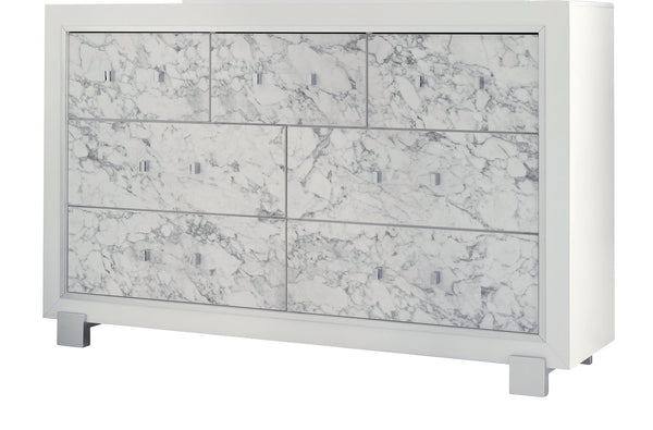 English Elm SKYE Marble White Dresser with Marble-Style Drawer Fronts, Solid Wood Frame, Spacious Knob Drawers B201P226274