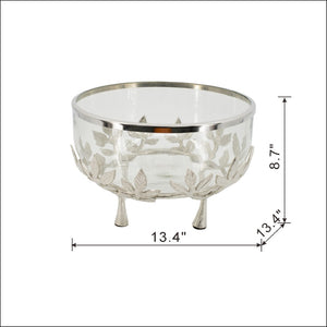 English Elm 13.4x13.4x8.7" Silver Glass Bowl with Floral Cast Aluminum Legs for Elegant Display W2078P490405