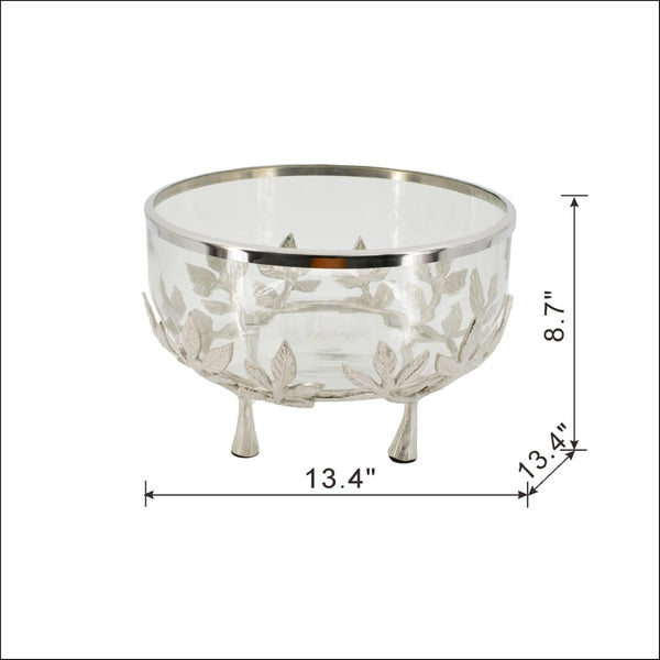 English Elm 13.4x13.4x8.7" Silver Glass Bowl with Floral Cast Aluminum Legs for Elegant Display W2078P490405