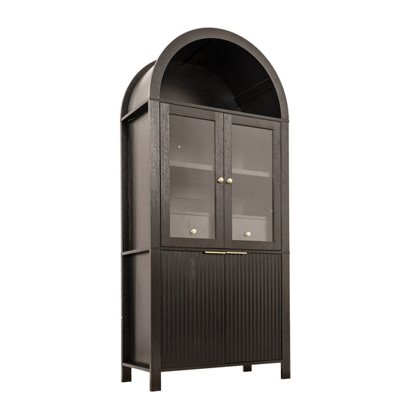 English Elm 71" Fluted Tall Arched Pantry Cabinet with Tempered Glass Door, Adjustable Shelves, Silent Drawer, Anti-Tip Safety and Stylish Metal Handles for Kitchen Living Dining Black W2917P384705