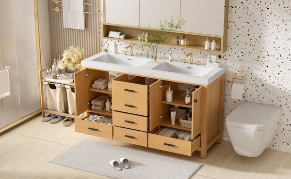 English Elm [video]59.3 Inch Wall Mounted Double Sink Vanity Wood Grain Mdf Soft Close Storage N729P000013O