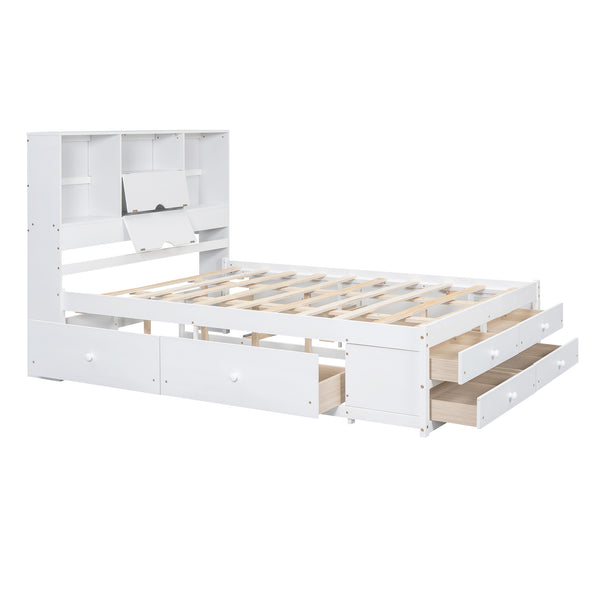 English Elm Queen Platform Bed with Built-In Headboard Storage and 8 Drawers, Solid Wood MDF, Sturdy Design White GX000453AAK