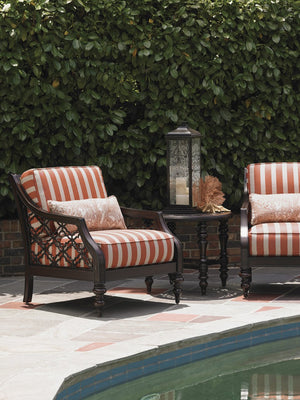 Lexington Tommy Bahama Outdoor 3235-950 Elegant Round End Table With Quatrefoil Design - Custom Cast Aluminum For Outdoor Living Dark Brown Wood 3235-950