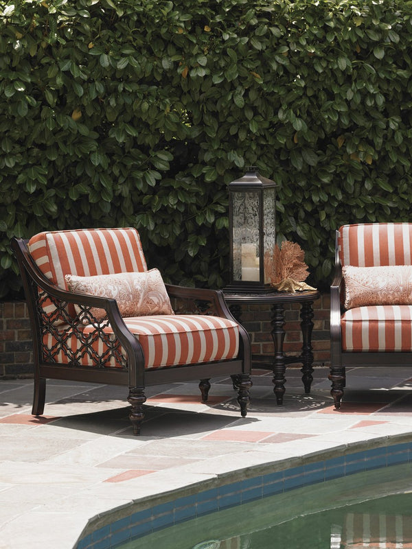 Lexington Tommy Bahama Outdoor 3235-950 Elegant Round End Table With Quatrefoil Design - Custom Cast Aluminum For Outdoor Living Dark Brown Wood 3235-950