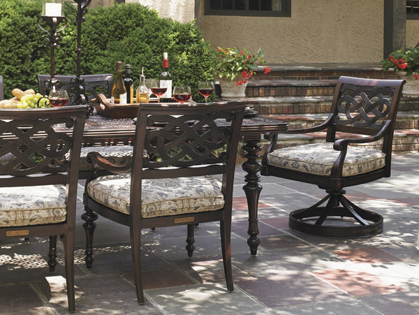 Lexington Tommy Bahama Outdoor 3235-877 Elegant Rectangular Dining Table With Quatrefoil Design For Inspired Outdoor Spaces Dark Brown Wood 3235-877