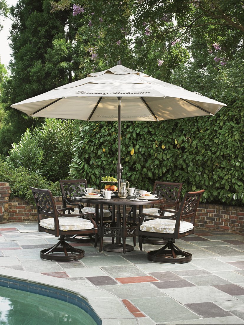 Lexington Tommy Bahama Outdoor Dining Table - Elegant Cast Aluminum Design With Quatrefoil Patterns For Outdoor Living Spaces Dark Brown Wood 3235-875c