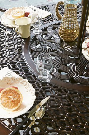 Lexington Tommy Bahama Outdoor Dining Table - Elegant Cast Aluminum Design With Quatrefoil Patterns For Outdoor Living Spaces Dark Brown Wood 3235-875c