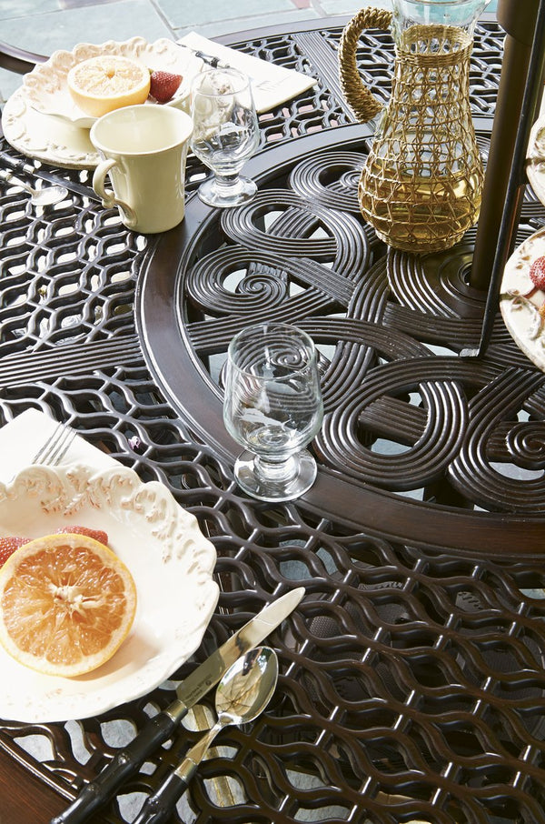 Lexington Tommy Bahama Outdoor Dining Table - Elegant Cast Aluminum Design With Quatrefoil Patterns For Outdoor Living Spaces Dark Brown Wood 3235-875c