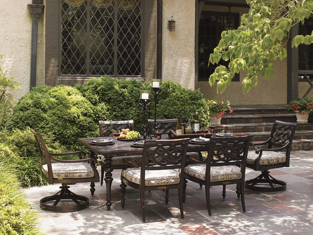 Lexington Tommy Bahama Outdoor 3235-877 Elegant Rectangular Dining Table With Quatrefoil Design For Inspired Outdoor Spaces Dark Brown Wood 3235-877