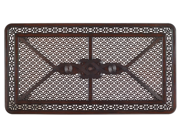 Lexington Tommy Bahama Outdoor 3235-877 Elegant Rectangular Dining Table With Quatrefoil Design For Inspired Outdoor Spaces Dark Brown Wood 3235-877