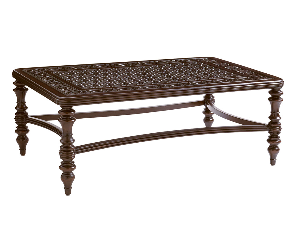 Lexington Tommy Bahama Outdoor 3235-945 Elegant Rectangular Cocktail Table With Custom Cast Aluminum Design & Quatrefoil Pattern Dark Brown Wood 3235-945