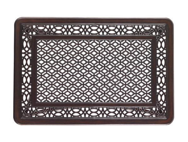 Lexington Tommy Bahama Outdoor 3235-945 Elegant Rectangular Cocktail Table With Custom Cast Aluminum Design & Quatrefoil Pattern Dark Brown Wood 3235-945
