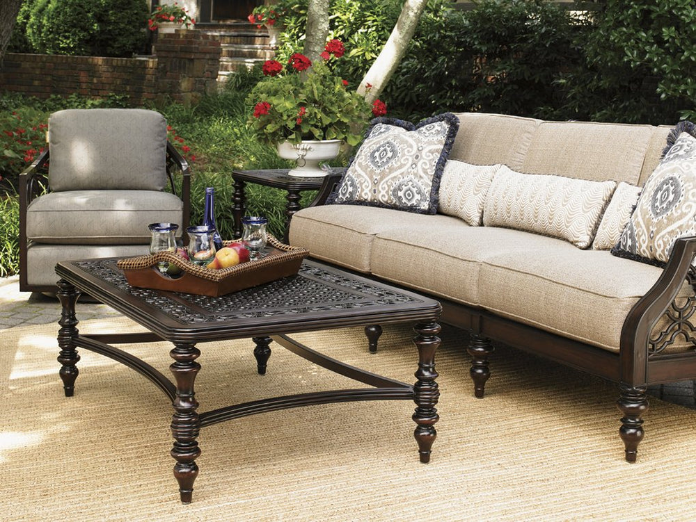 Lexington Tommy Bahama Outdoor 3235-945 Elegant Rectangular Cocktail Table With Custom Cast Aluminum Design & Quatrefoil Pattern Dark Brown Wood 3235-945