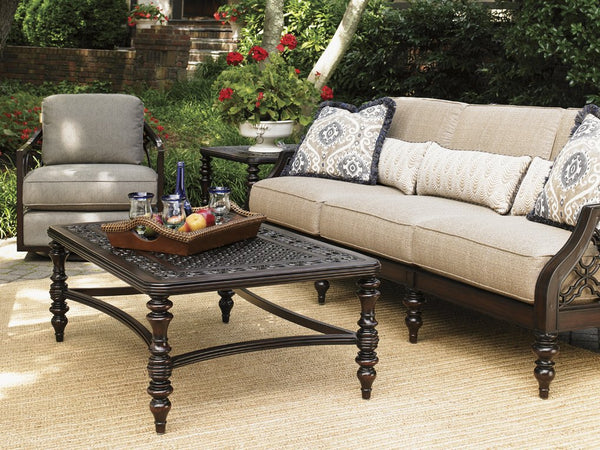 Lexington Tommy Bahama Outdoor 3235-945 Elegant Rectangular Cocktail Table With Custom Cast Aluminum Design & Quatrefoil Pattern Dark Brown Wood 3235-945