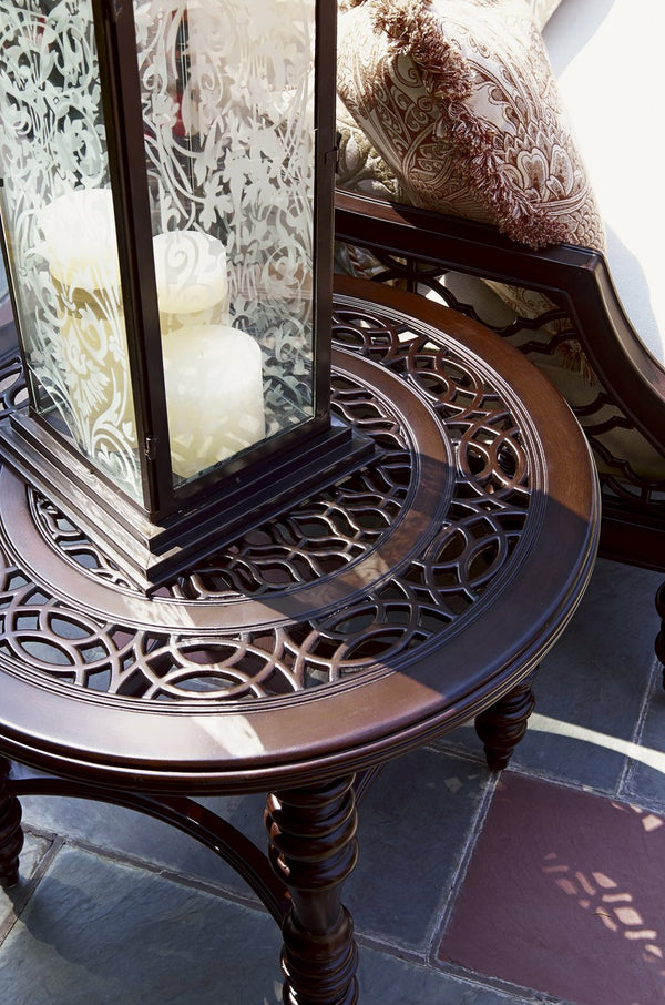 Lexington Tommy Bahama Outdoor 3235-950 Elegant Round End Table With Quatrefoil Design - Custom Cast Aluminum For Outdoor Living Dark Brown Wood 3235-950