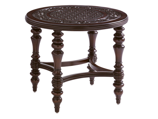 Lexington Tommy Bahama Outdoor 3235-950 Elegant Round End Table With Quatrefoil Design - Custom Cast Aluminum For Outdoor Living Dark Brown Wood 3235-950
