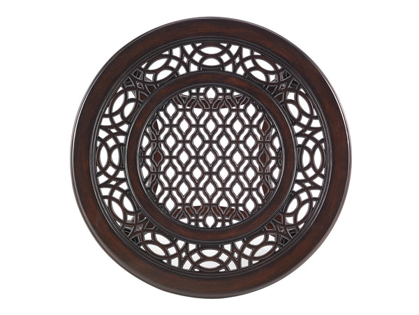 Lexington Tommy Bahama Outdoor 3235-950 Elegant Round End Table With Quatrefoil Design - Custom Cast Aluminum For Outdoor Living Dark Brown Wood 3235-950