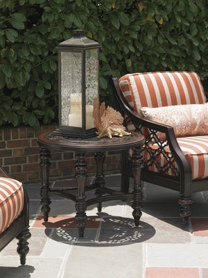 Lexington Tommy Bahama Outdoor 3235-950 Elegant Round End Table With Quatrefoil Design - Custom Cast Aluminum For Outdoor Living Dark Brown Wood 3235-950