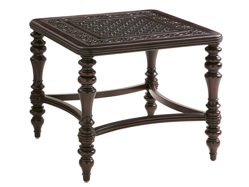 Lexington Tommy Bahama Outdoor 3235-953 Elegant Square End Table - Custom Cast Aluminum With Quatrefoil Design For Outdoor Spaces Dark Brown Wood 3235-953