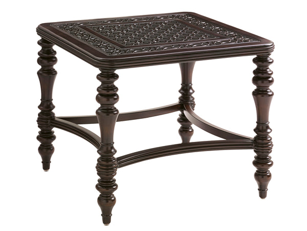 Lexington Tommy Bahama Outdoor 3235-953 Elegant Square End Table - Custom Cast Aluminum With Quatrefoil Design For Outdoor Spaces Dark Brown Wood 3235-953