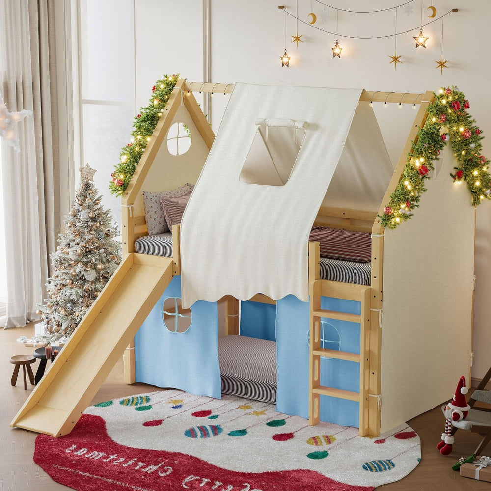 English Elm Full Size Pine Loft Bed with Slide Tent Panels Led Lights and Play Space Below W1580S00292