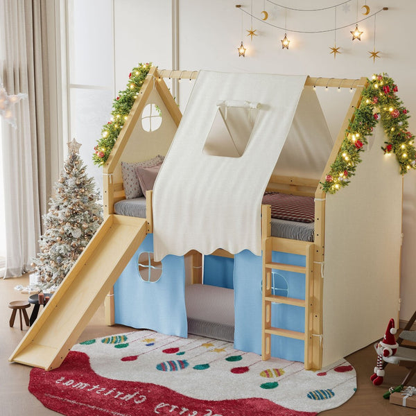 English Elm Full Size Pine Loft Bed with Slide Tent Panels Led Lights and Play Space Below W1580S00292