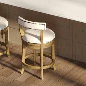 English Elm 26" Counter Height Swivel Barstool Woven Linen Seat Nailhead Trim Solid Wood Frame Pecan B2751P436452
