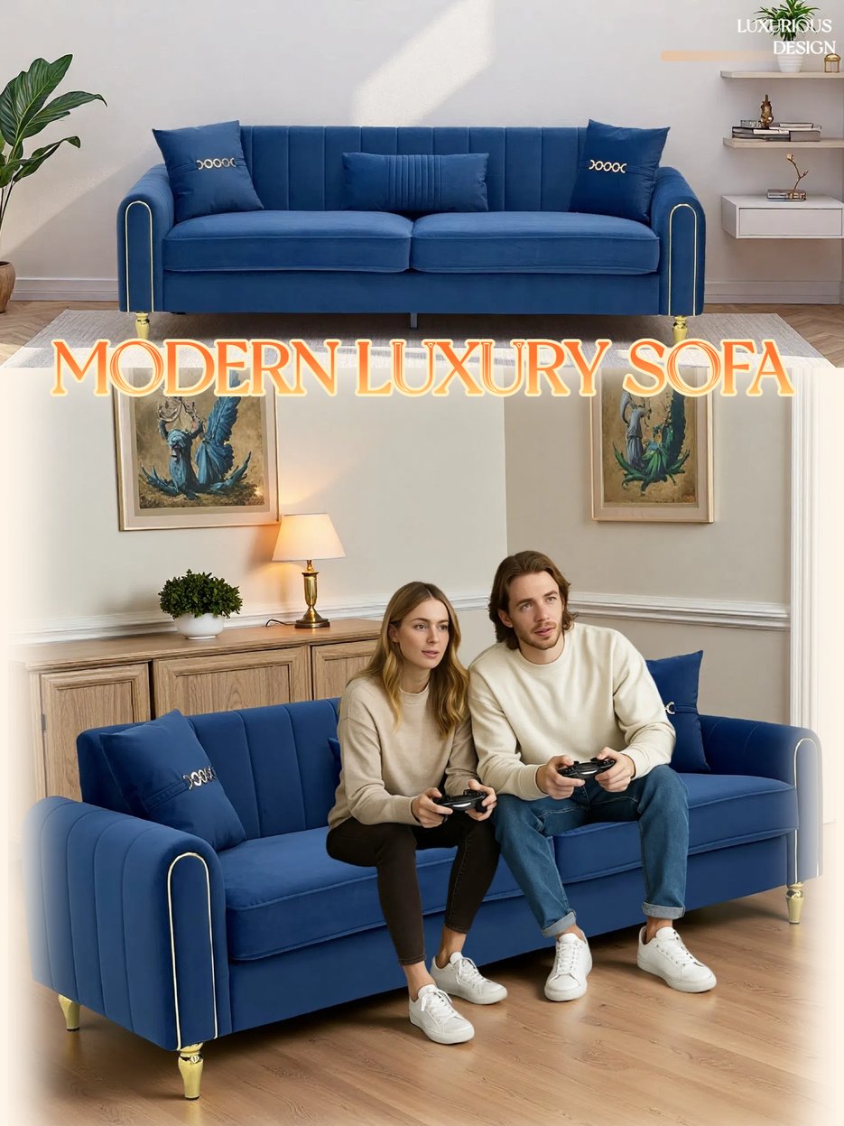 English Elm FX-P11-RB Modern 87.4" Upholstered 3-Seater Sofa with Plush Fabric, Pocket Coil Comfort & Pillows W576P360572