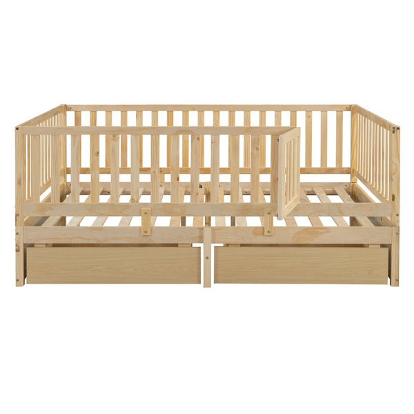 English Elm Full Size Pinewood Kids Daybed with Fence Rails Split Floor Bed and Storage Drawers Natural LP100882AAN