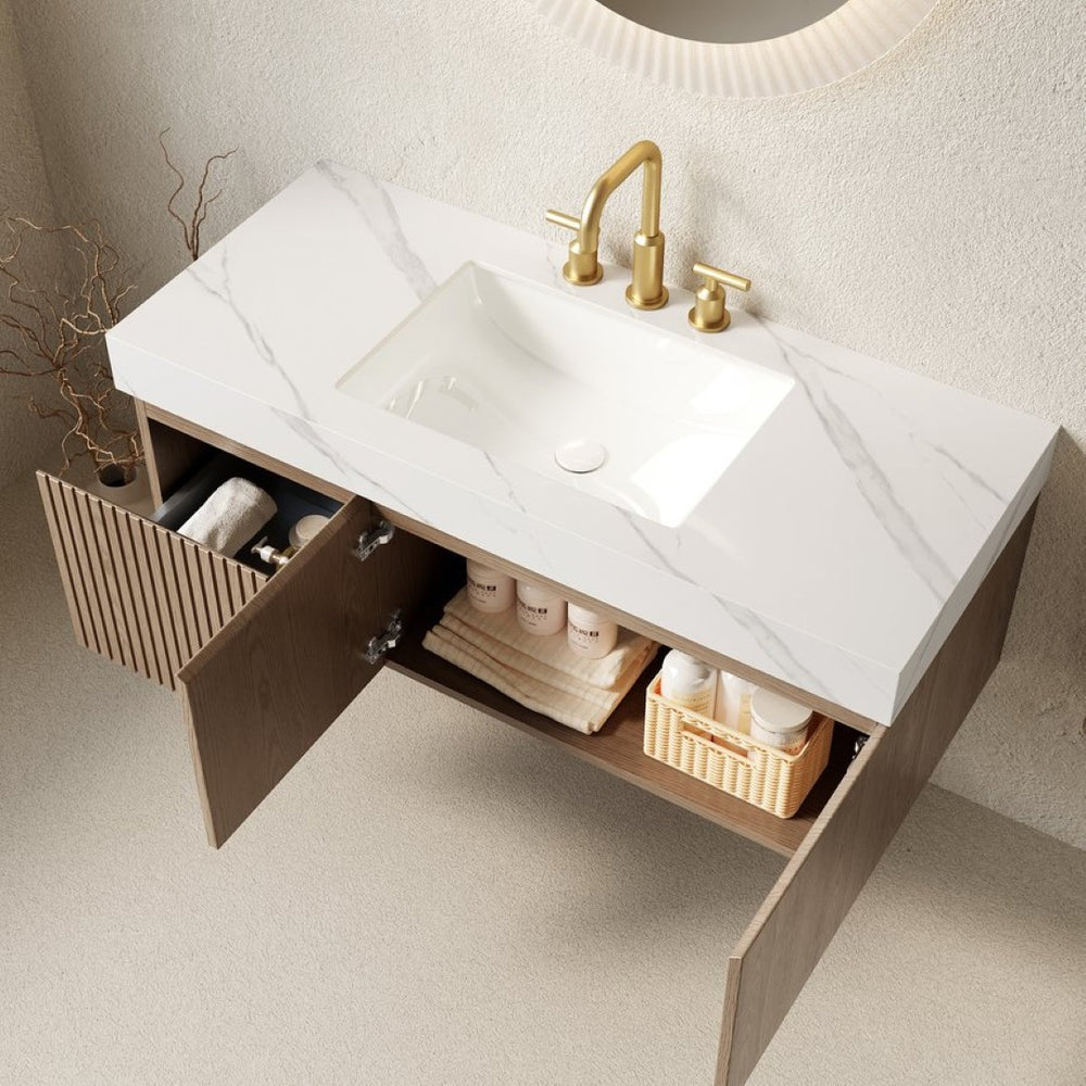 English Elm Muri Floating Bathroom Vanity Plywood Cabinet Sintered Stone Top Woodgrain Finish W2615S00637