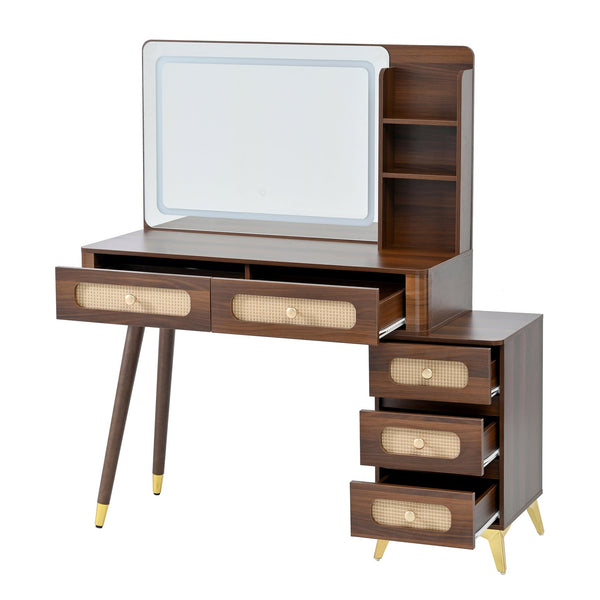 English Elm 47''Vintage Elegant Makeup Vanity with Lights and Mirror, 5-Drawer Rattan Design, Solid Wood Craftsmanship Dark Walnut 46 L x 27 W x 8 H N733P337468D