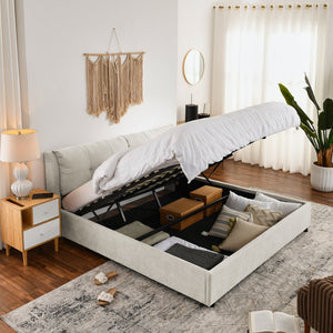 English Elm King Size Chenille Upholstered Hydraulic Platform Bed With Storage & Integrated Headboard, Beige W1413S00115