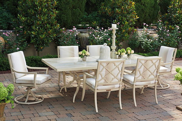Lexington Tommy Bahama Outdoor Dining Table With Elegant Porcelain Top – Graceful French Botanical Design For Outdoor Dining Antiqued White Wood 3239-877c