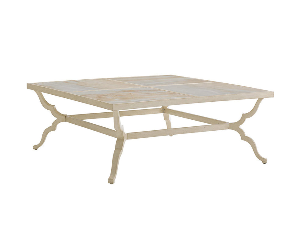 Lexington Tommy Bahama Outdoor 3239-947c Elegant Square Cocktail Table With Custom Porcelain Tops And Chic French Botanical Design Antiqued White Wood 3239-947c