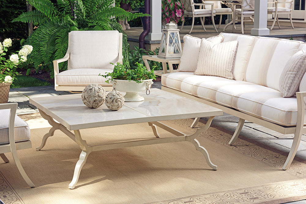 Lexington Tommy Bahama Outdoor 3239-947c Elegant Square Cocktail Table With Custom Porcelain Tops And Chic French Botanical Design Antiqued White Wood 3239-947c