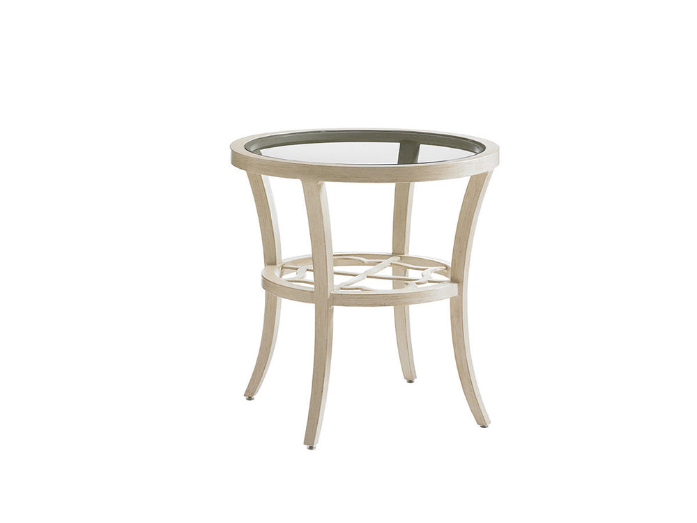 Lexington Tommy Bahama Outdoor 3239-950 Elegant Round End Table With Quatrefoil Design And Chic Glass Top For Outdoor Spaces Antiqued White Wood 3239-950