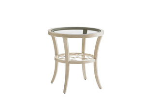 Lexington Tommy Bahama Outdoor 3239-950 Elegant Round End Table With Quatrefoil Design And Chic Glass Top For Outdoor Spaces Antiqued White Wood 3239-950
