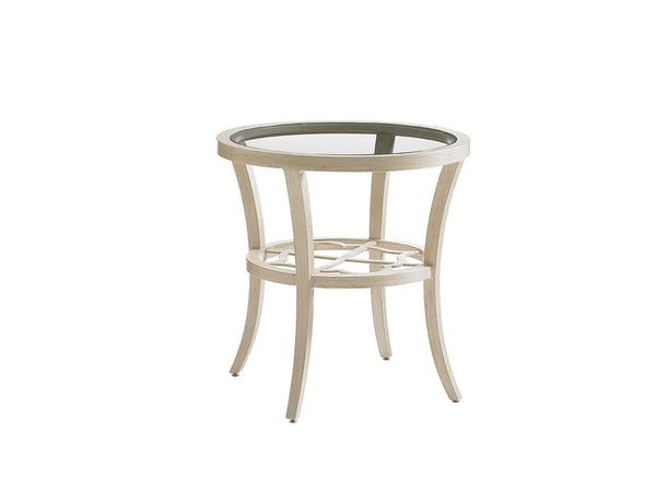 Lexington Tommy Bahama Outdoor 3239-950 Elegant Round End Table With Quatrefoil Design And Chic Glass Top For Outdoor Spaces Antiqued White Wood 3239-950