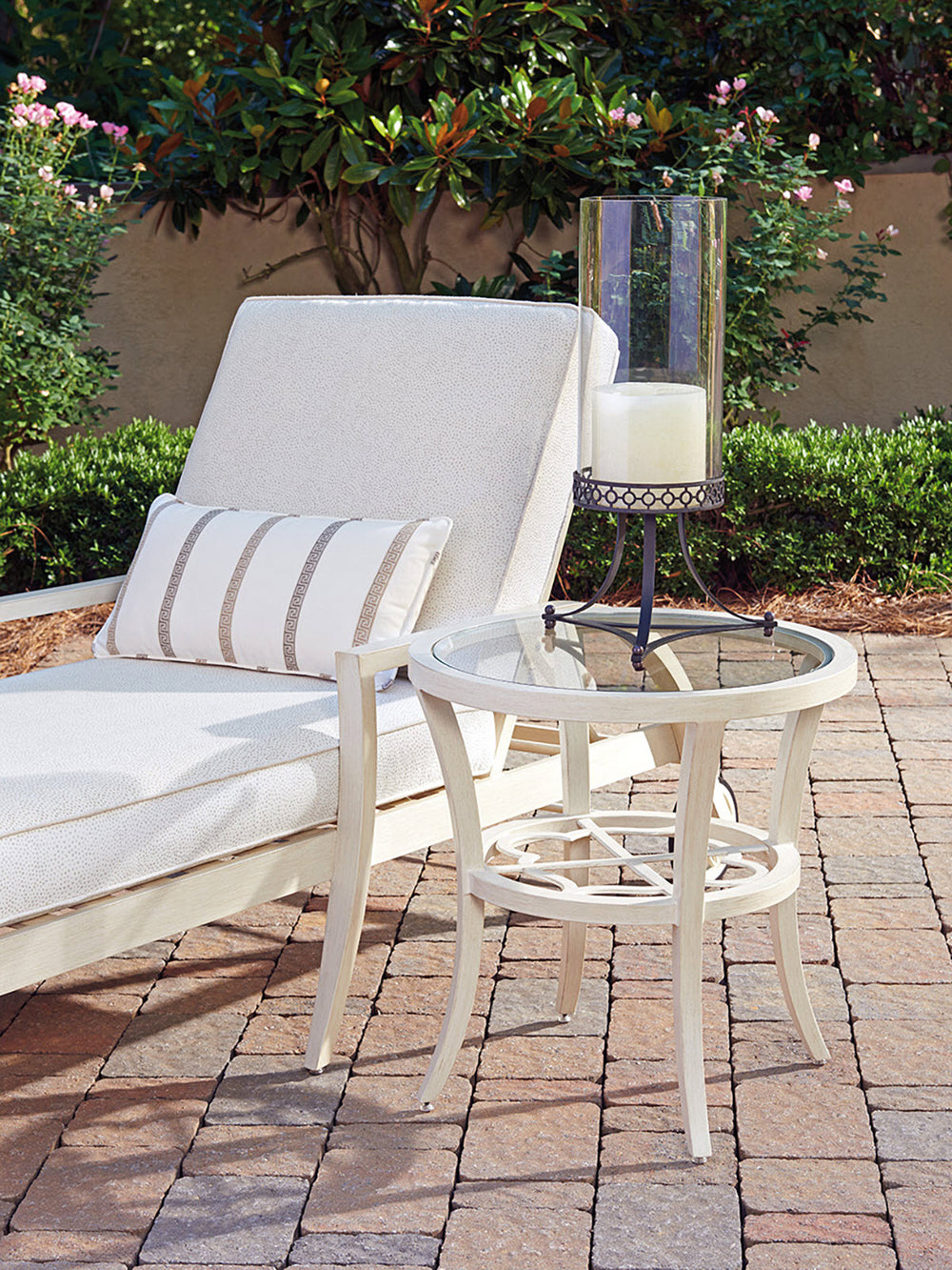 Lexington Tommy Bahama Outdoor 3239-950 Elegant Round End Table With Quatrefoil Design And Chic Glass Top For Outdoor Spaces Antiqued White Wood 3239-950