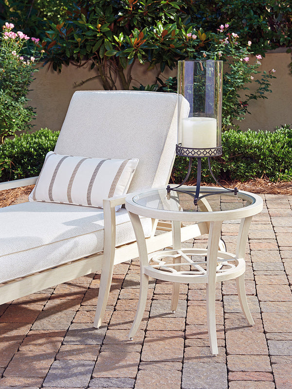 Lexington Tommy Bahama Outdoor 3239-950 Elegant Round End Table With Quatrefoil Design And Chic Glass Top For Outdoor Spaces Antiqued White Wood 3239-950