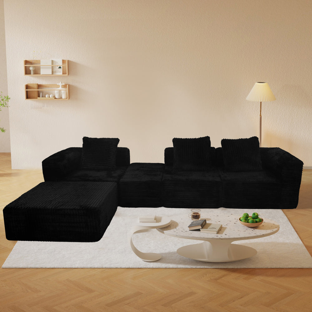 English Elm Modular Plush Velvet Sectional Sofa 4-Seat Cloud Couch with Oversized Chaise, Stain-Resistant Comfort Black W3341P346293