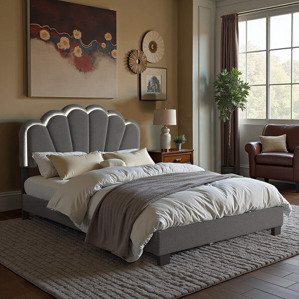 Yulee Scalloped Upholstered Platform Bed with Led Headboard Bouclé Glam Bedroom Frame