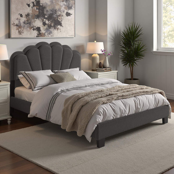 Yulee Scalloped Upholstered Platform Bed with Led Headboard Bouclé Glam Bedroom Frame