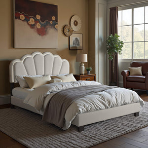 Yulee Scalloped Upholstered Platform Bed with Led Headboard Bouclé Glam Bedroom Frame