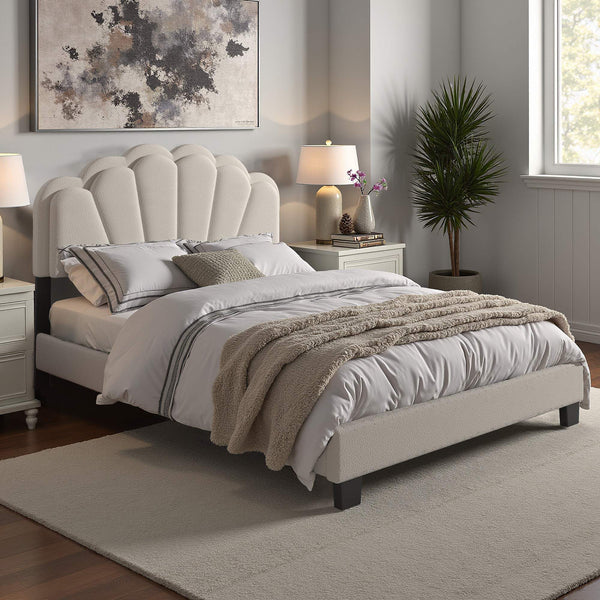 Yulee Scalloped Upholstered Platform Bed with Led Headboard Bouclé Glam Bedroom Frame