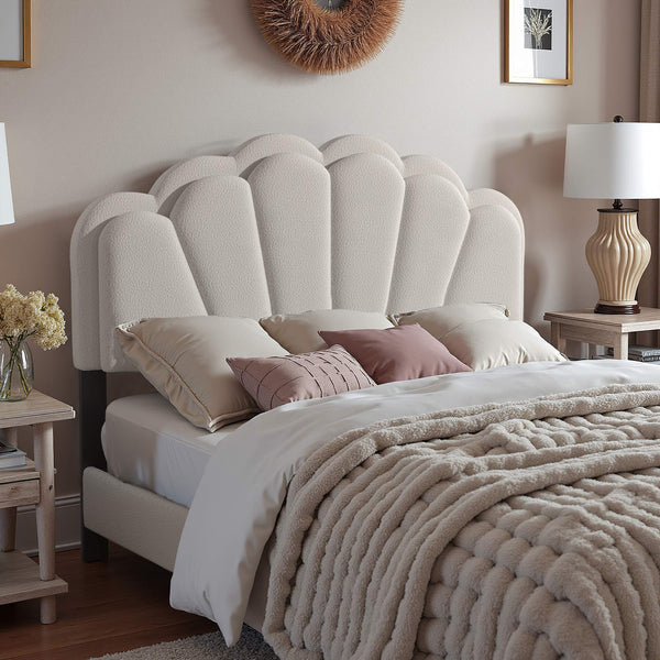 Yulee Scalloped Upholstered Platform Bed with Led Headboard Bouclé Glam Bedroom Frame