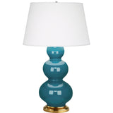 Robert Abbey Peacock Triple Gourd Table Lamp Peacock Glazed Ceramic with Antique Natural Brass Finished Accents Pearl Dupioni Fabric Shade