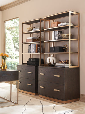 Lexington Sligh Carson Deck: Contemporary Oak Veneer Display Shelf With Brushed Silver Hardware And Warm Silver Leaf Frame Mocha Wood 323-441